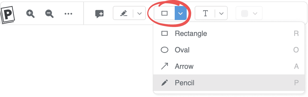 The PDF viewer toolbar with the circled Draw button open, listing Rectangle, Oval, Arrow and Pencil with their keyboard shortcuts R, O, A and P.